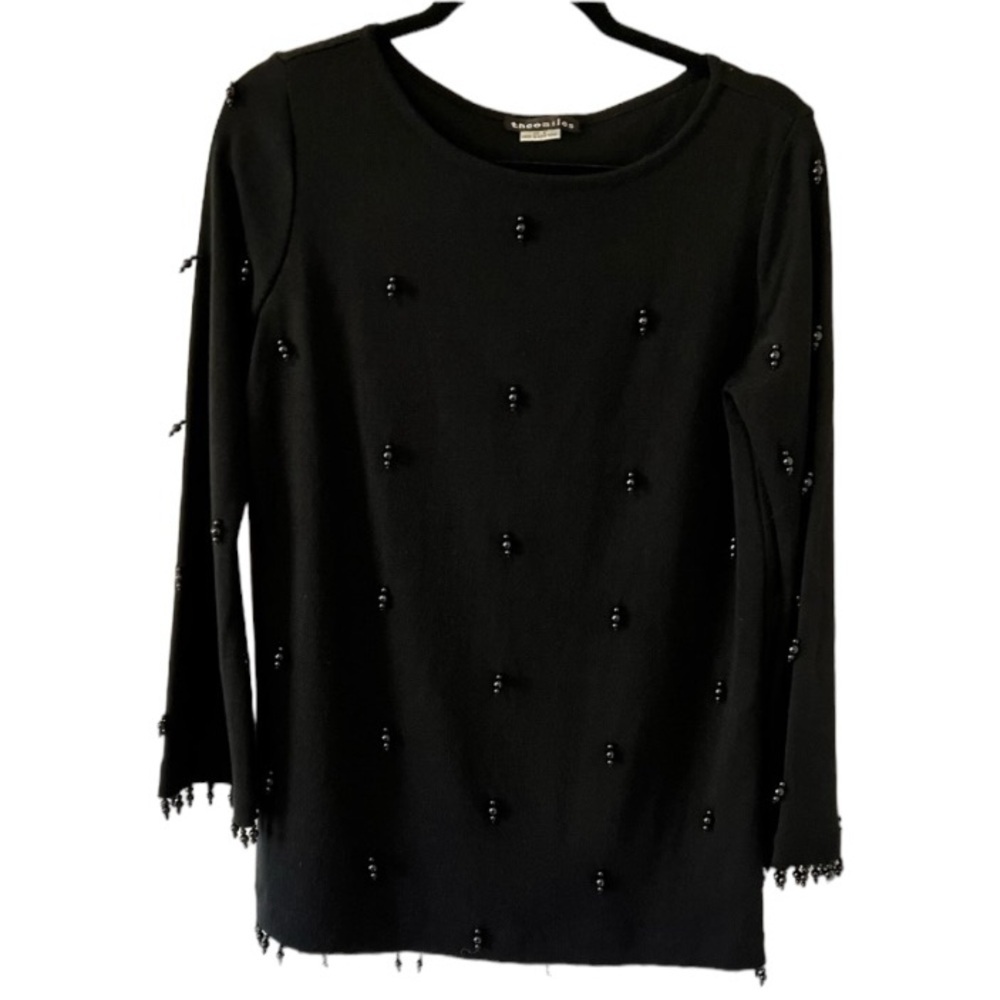 Theomiles Black Long Sleeve Beaded Accent Tunic Sweater Womens